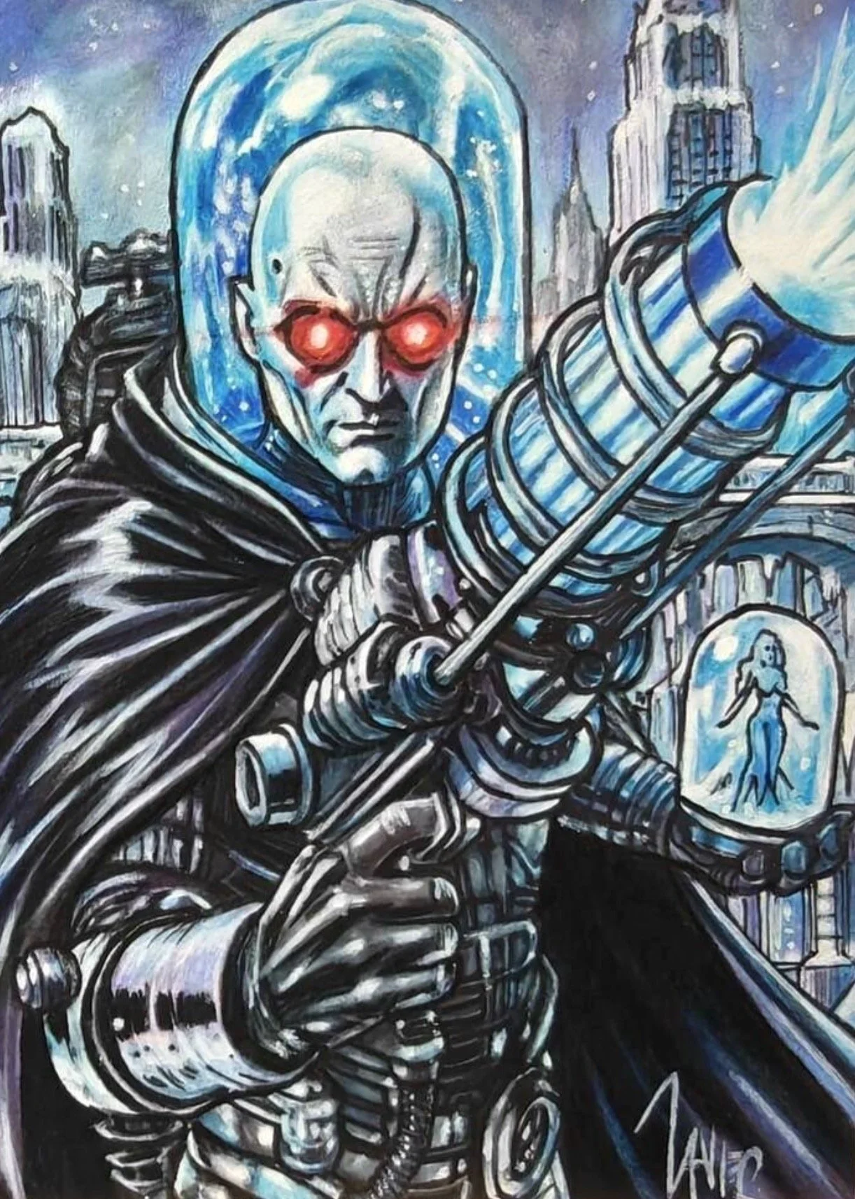 Mr. Freeze, Batman sketch card. A sci-fi character with glowing red eyes, bald head, and armor, holding a futuristic weapon in front of a city skyline with tall buildings and a large glowing dome in the background.