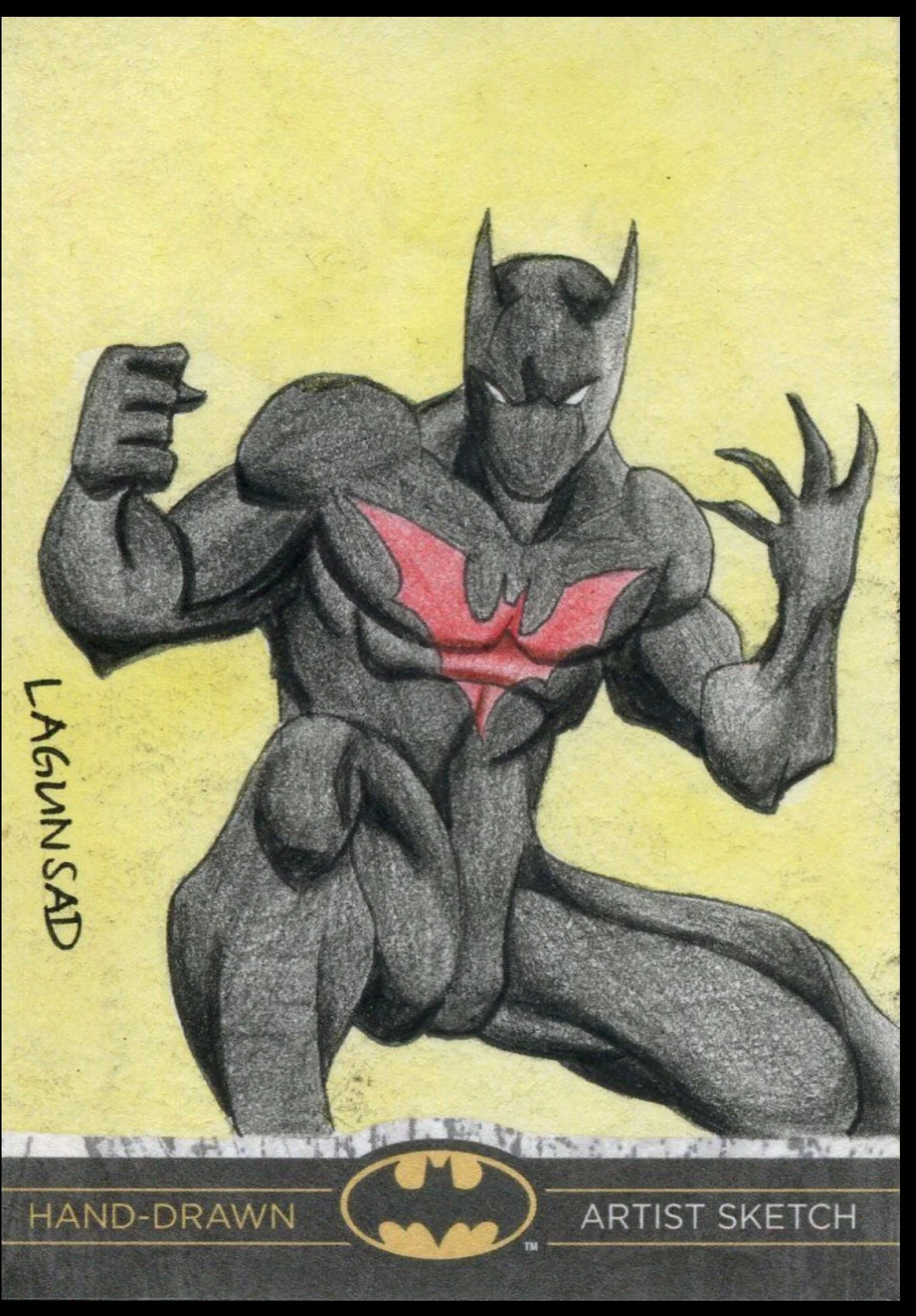 Batman legend sketch card. Hand-drawn sketch of Black Panther as Batman, with a red bat symbol on his chest and his claws extended, on yellow background.