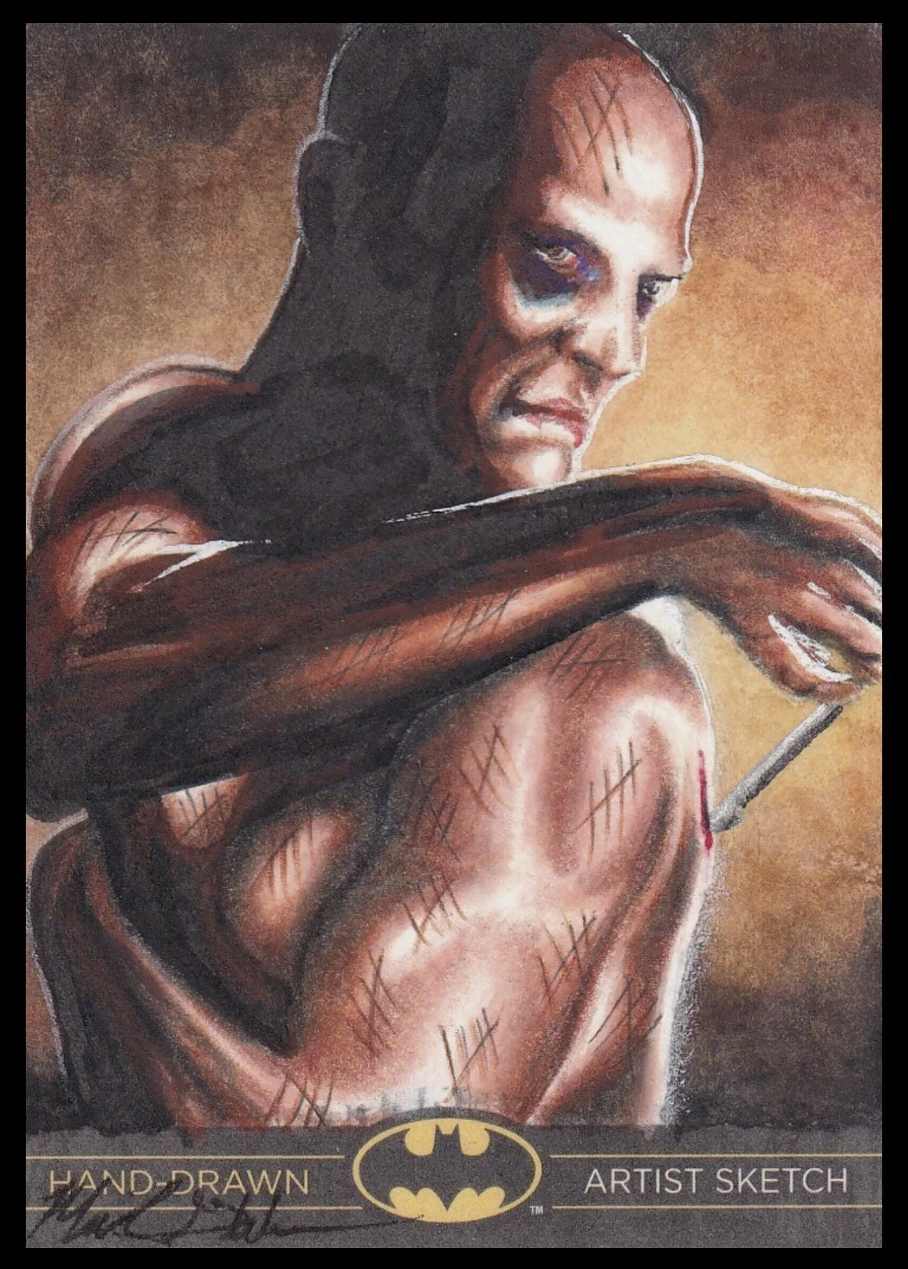 Batman legend, sketch card , the villain from DC Comics, with detailed shading, scars, and a intense expression on his face.
