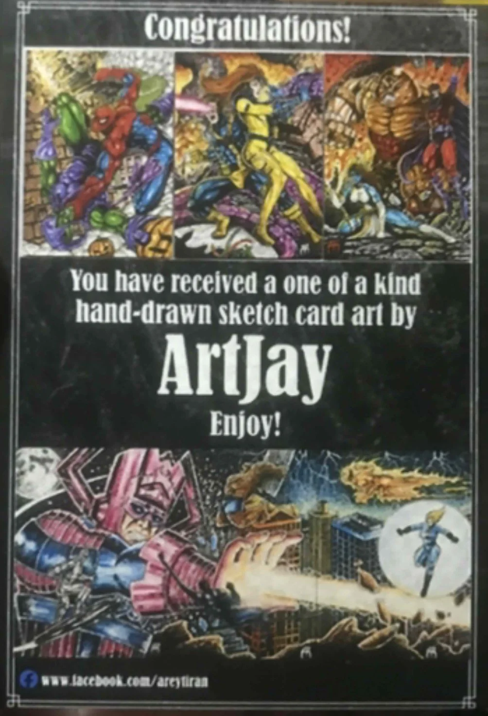 A congratulatory card featuring hand-drawn artwork in comic book style. Upper section shows superheroes in action, such as Spider-Man, Wolverine, and other characters fighting villains in a cityscape. Lower section depicts a superhero in a pink and blue costume launching a powerful attack with explosions and destruction in the background. Text indicates the recipient has received a hand-drawn artwork by ArtJay, and includes a Facebook link for more.