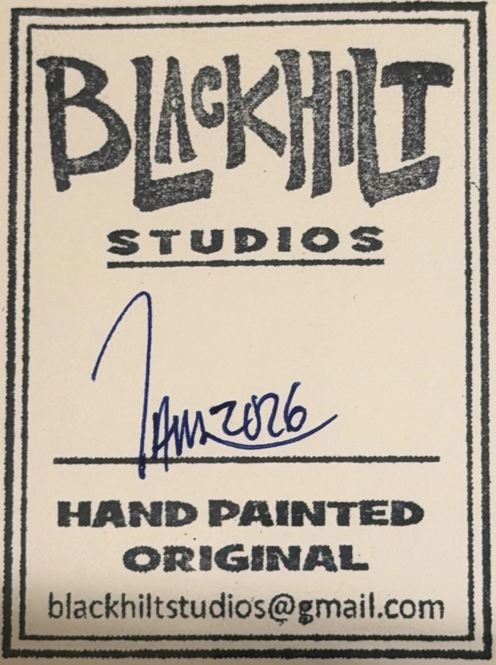 Blacklit Studios, hand-painted original art, includes email blacklitstudios@gmail.com, signature and date January 2026.