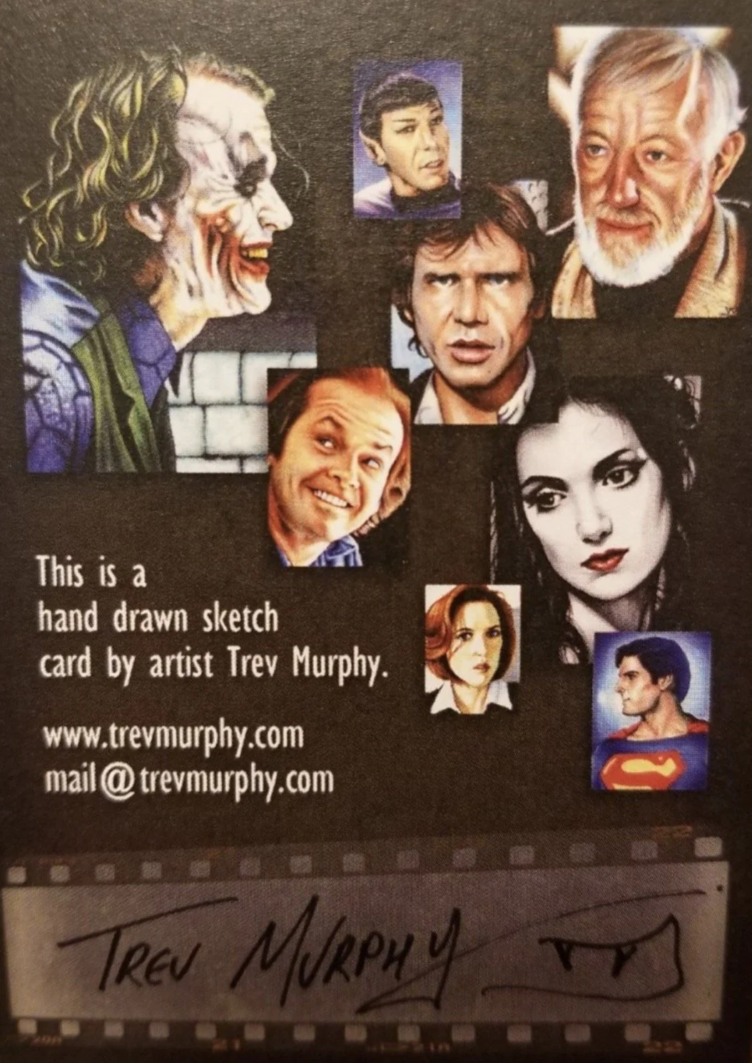 A collection of hand-drawn portrait sketches of various characters, including a clown, a woman with red hair, Superman, and several men with different expressions. There is a note indicating the sketches are by artist Trev Murphy, along with his contact information.