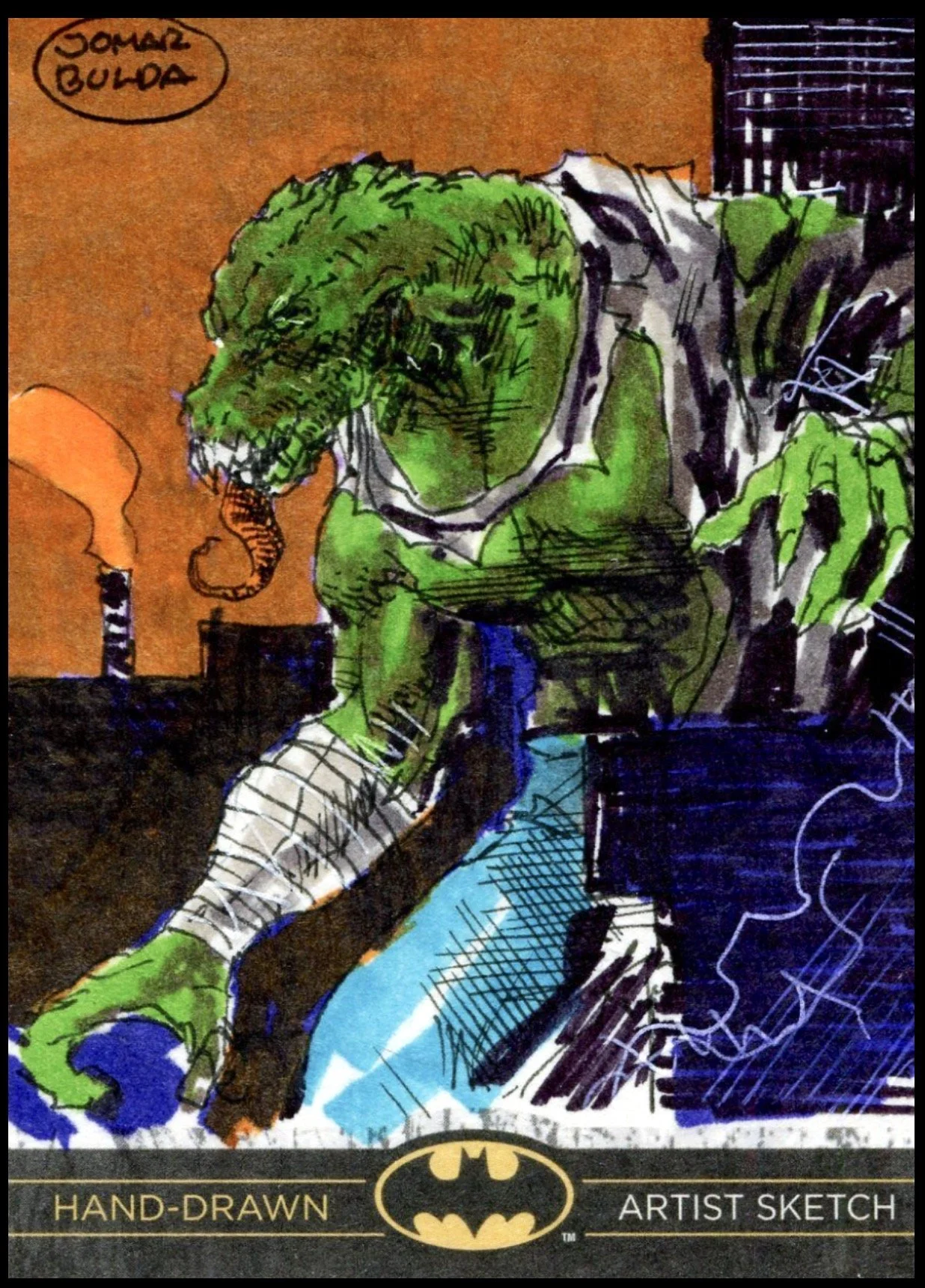 Batman legend sketch card. A hand-drawn illustration of the Hulk, a muscular green comic book character, sitting with a serious expression. The background is orange with a small speech bubble in the top left corner that says 'Some Bulla.'
