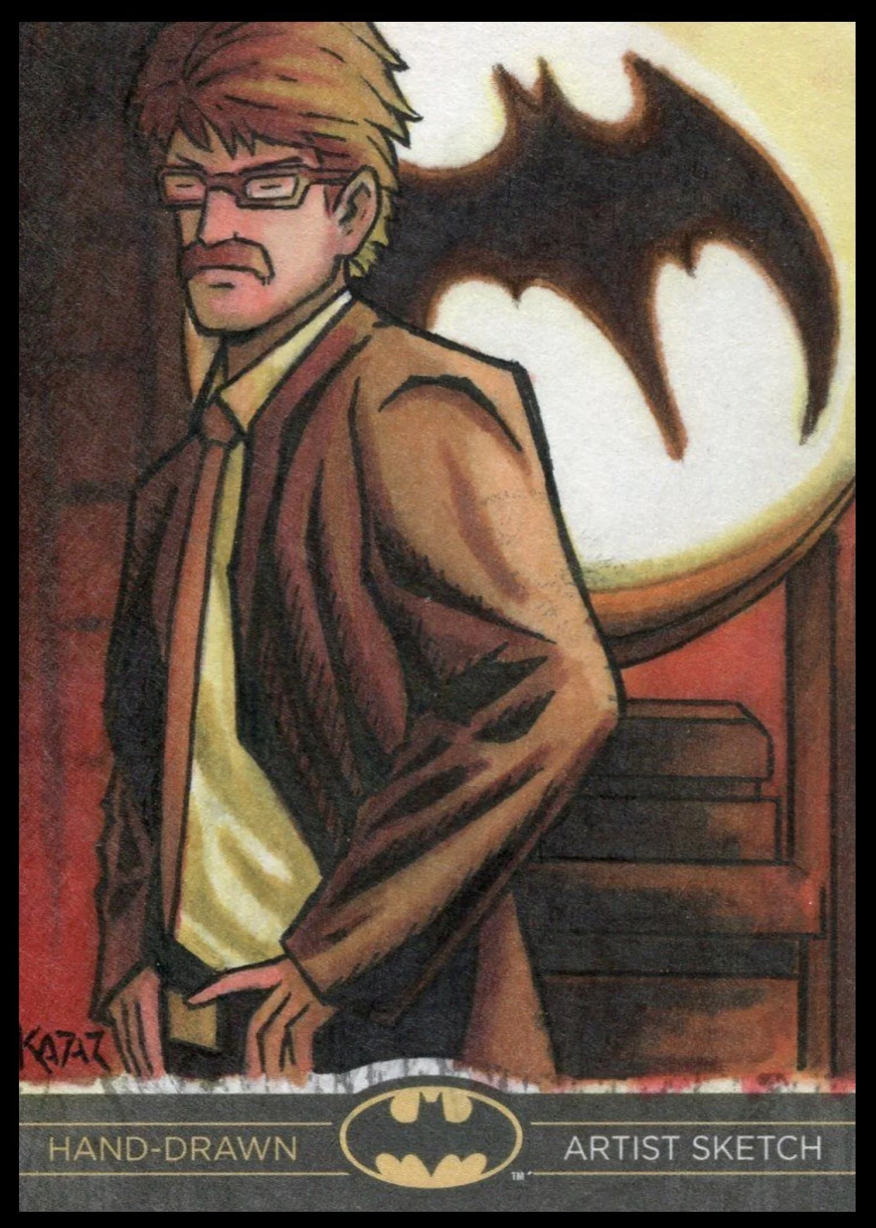 Batman legend sketch card. Hand-drawn Batman poster featuring a man with glasses and a mustache in a brown suit, standing in front of a large bat symbol.