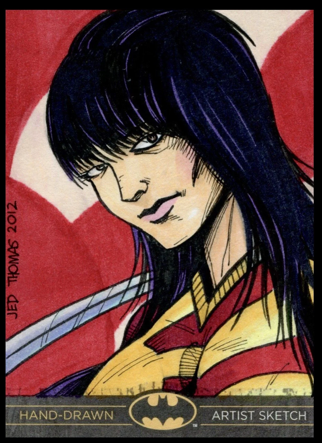 Batman legend sketch card. Hand-drawn comic-style illustration of Batman in a Superman costume, featuring black hair, intense eyes, and a confident expression, with a red background. The illustration is signed by Jeff Thompson,