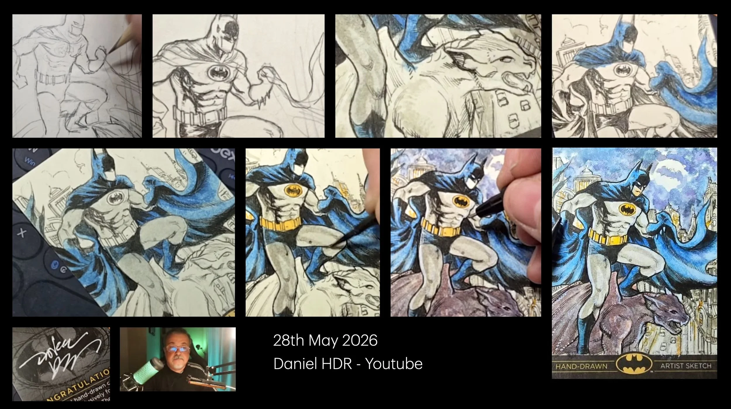 Batman legend sketch card, Collage of images showing the process of creating a Batman and Robin comic book artwork, including sketches, inking,