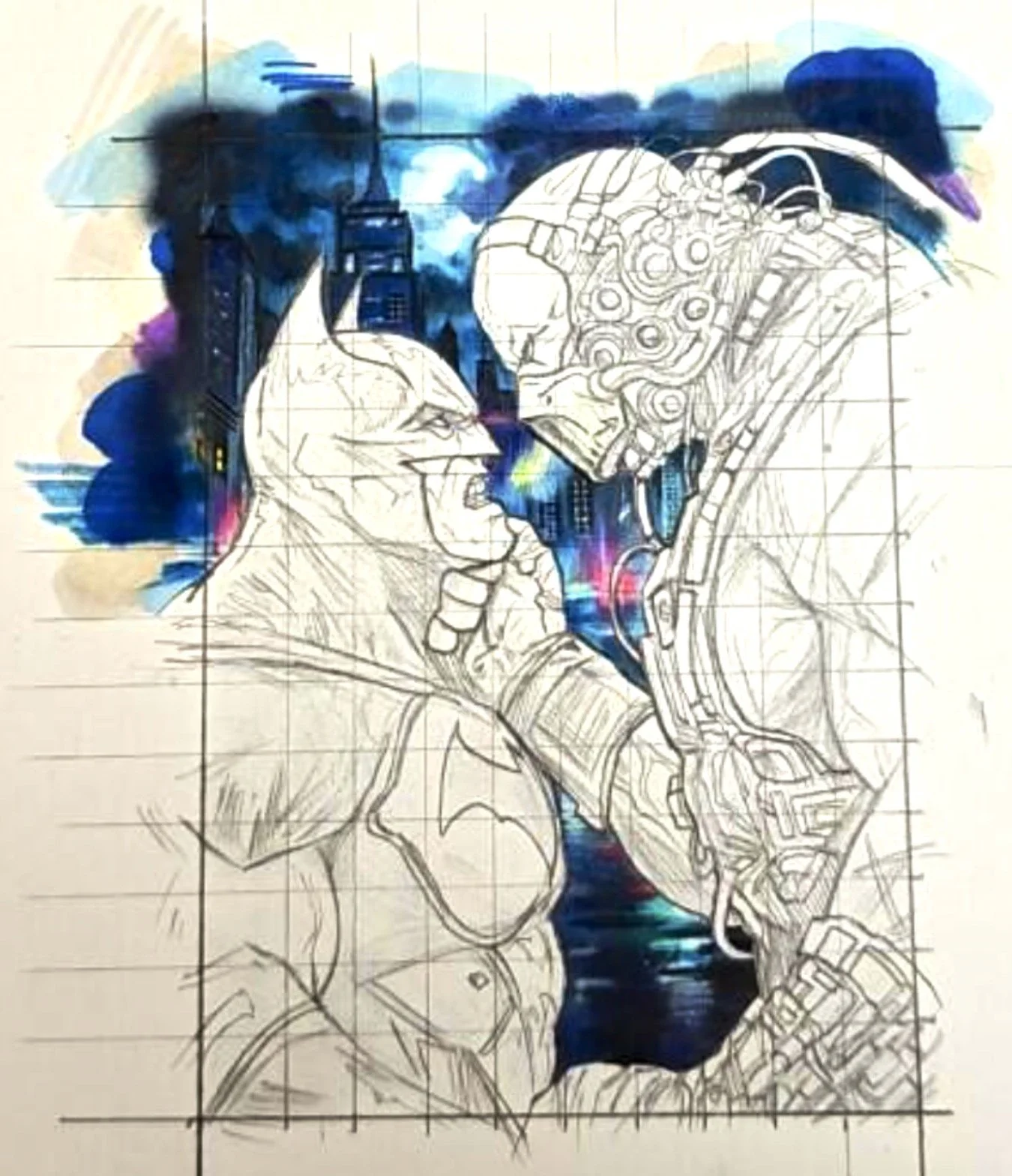 Batman sketch card by Javier. Line drawing of two humanoid figures, one wearing a beanie and gloves, with a cybernetic face, and the other with long hair, in an intimate pose, with a colourful watercolour background.