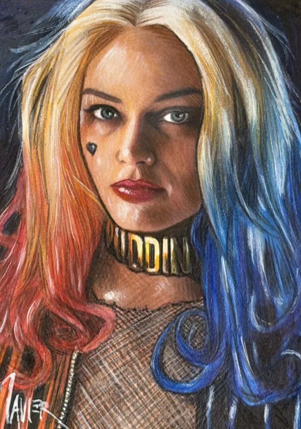 Harley Quinn sketch card. Colorful portrait of a woman with long, multicolored hair, dark eye makeup, and a choker that says "WORDA"; her lips are red, and she has a heart-shaped tattoo near her eye.