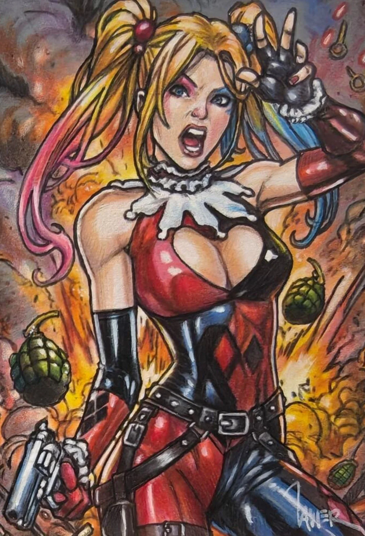 Harley Quinn sketch card by Javier. Comic-style illustration of a fierce woman with colorful hair, dressed in revealing superhero costume, holding a gun, surrounded by explosions and dynamite, with a determined expression.