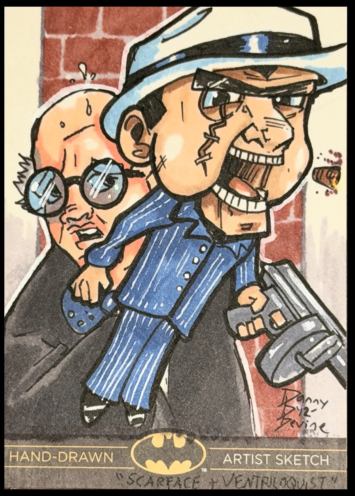 Batman legend sketch card. Hand-drawn sketch of a smiling Batman character wearing sunglasses, a blue striped suit, and holding a bat mask, with a background featuring a brick wall and another character with glasses and a sad expression.