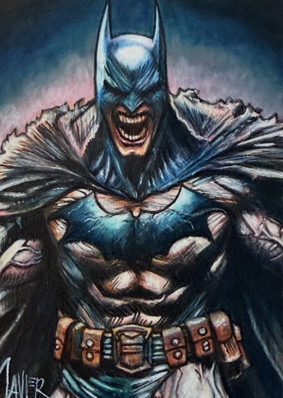 Batman sketch card. A detailed, stylized drawing of Batman with a fierce, angry expression, wearing his iconic cowl and costume, with a background featuring dark colors and a glowing light behind his head.