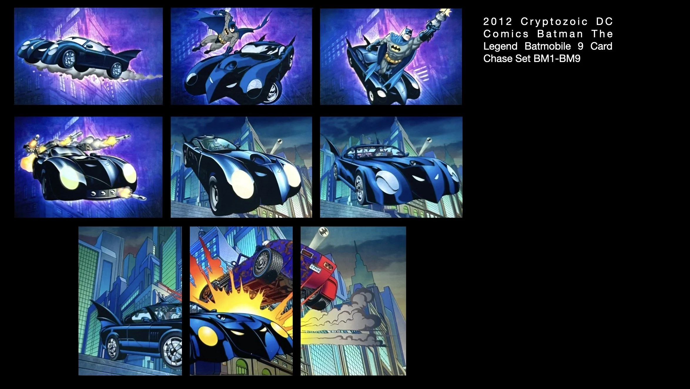 Batman legend cards. Collection of Batman-themed trading cards from 2012, featuring Batmobiles, Batman, and related comic scenes in a colourful, animated style.
