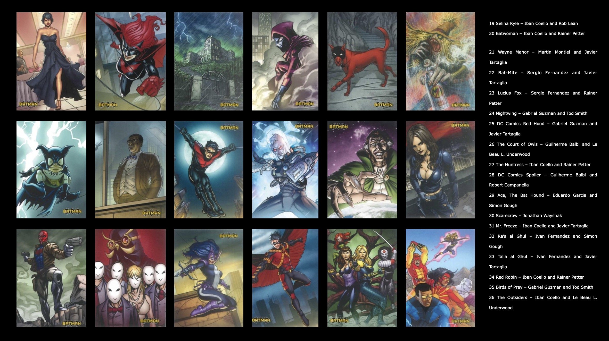 Batman legend cards. A collage of comic book and animated characters and scenes, primarily featuring Batman and related characters, along with a detailed list of titles and contributors on the right side.