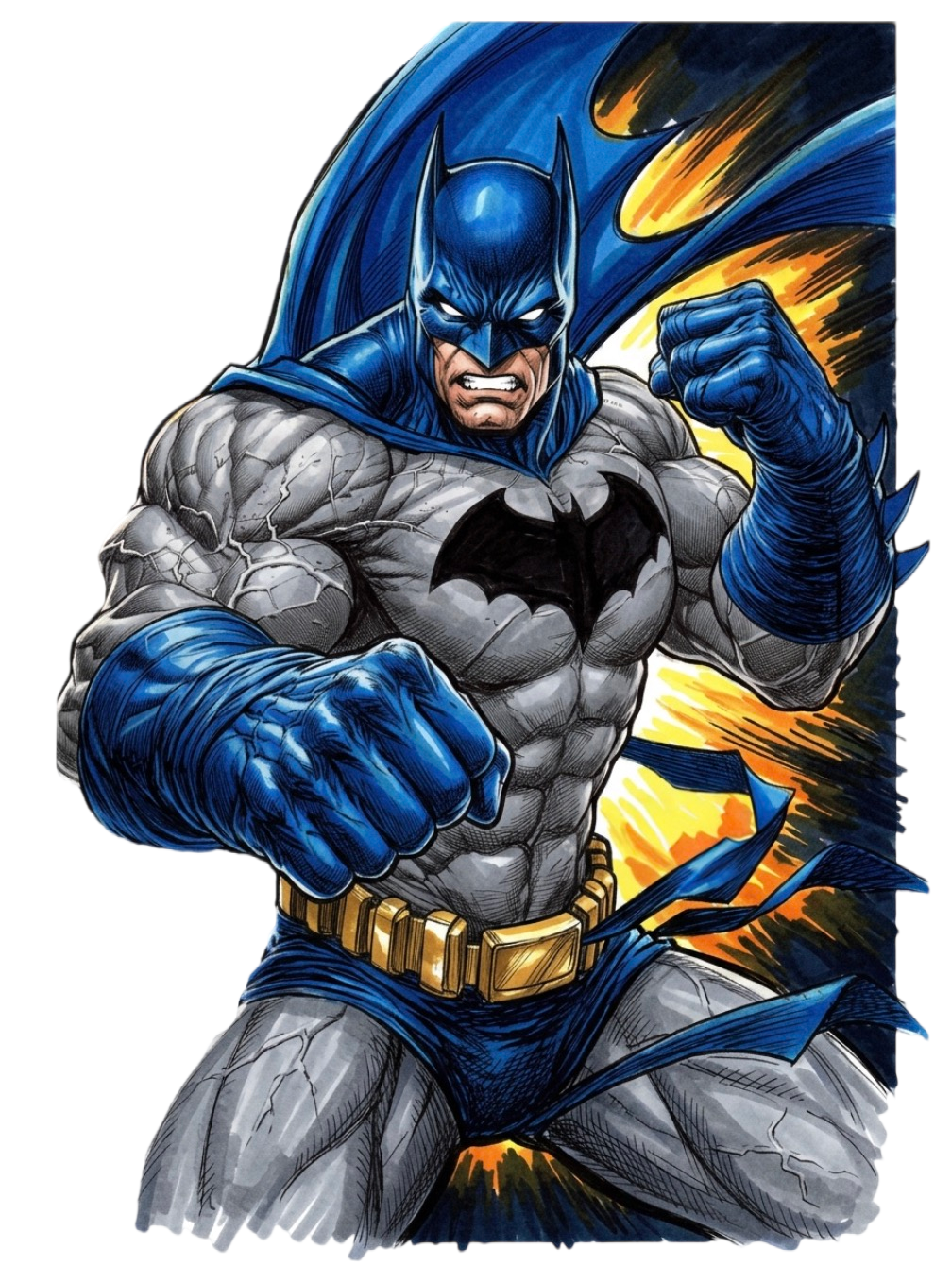 Batman sketch card. Comic book illustration of Batman in a superhero pose, with clenched fists, wearing his signature gray suit with black bat symbol, blue cape, cowl, gloves, and a yellow utility belt, with a fiery background.