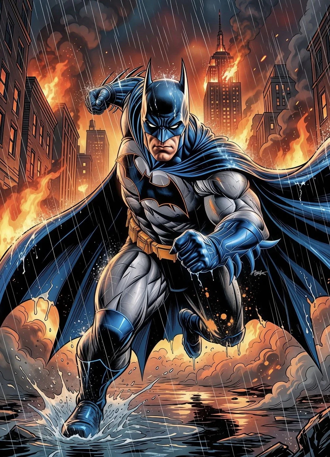 Batman running through a city street during a fire storm, rain pouring and smoke billowing from burning buildings, with the iconic Empire State Building in the background.