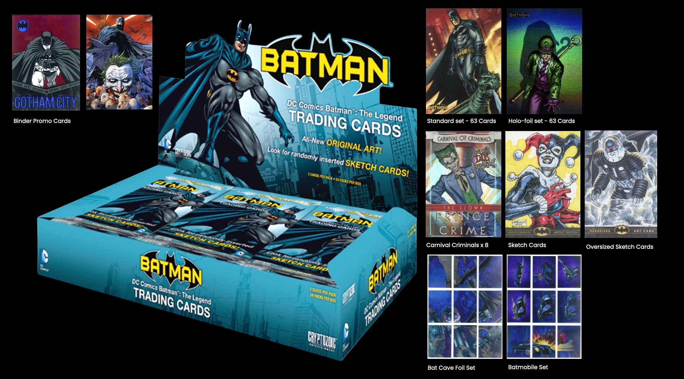 Batman legend. Box of Batman trading cards and various card sets displayed on a dark background.