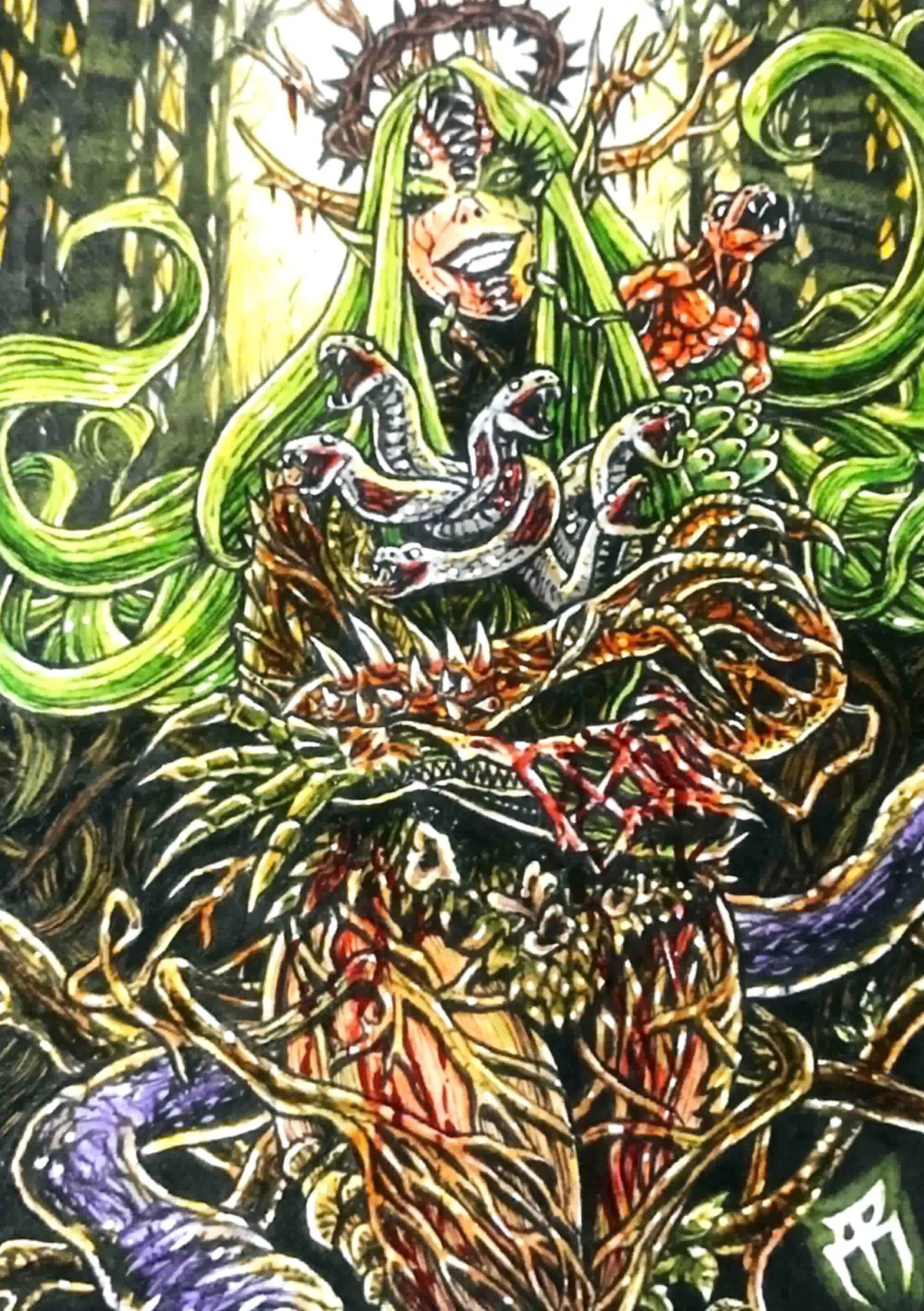 Poison Ivy. Absolute Batman sketch card. Fictional woman with green hair, dragon horns, and a crown, surrounded by snakes, reptiles, and roots in a jungle setting.
