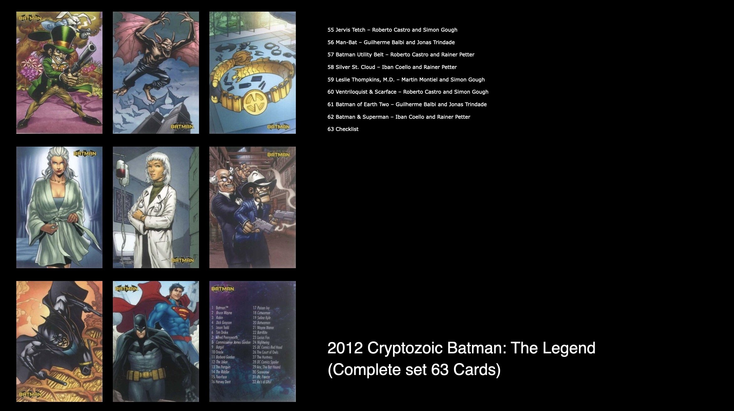 Batman legend cards. Collection of Batman-themed collectible cards featuring various comic book characters and artwork, with a list of card titles and characters, titled '2012 Cryptozoic Batman: The Legend (Complete set 63 Cards)'.