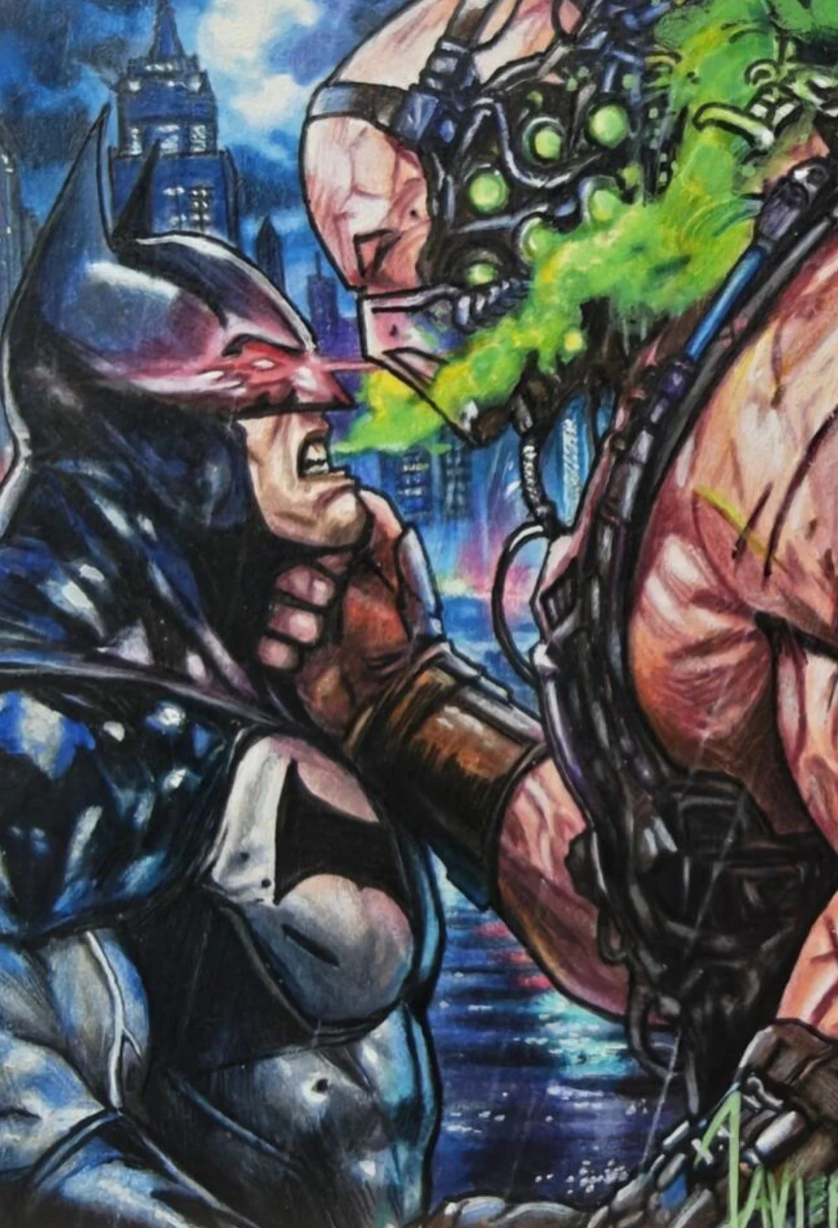 Batman sketch card by Javier. A colourful street art painting depicting Batman and the Joker in a confrontational pose, with Batman on the left and Bane on the right, set against a cityscape background.