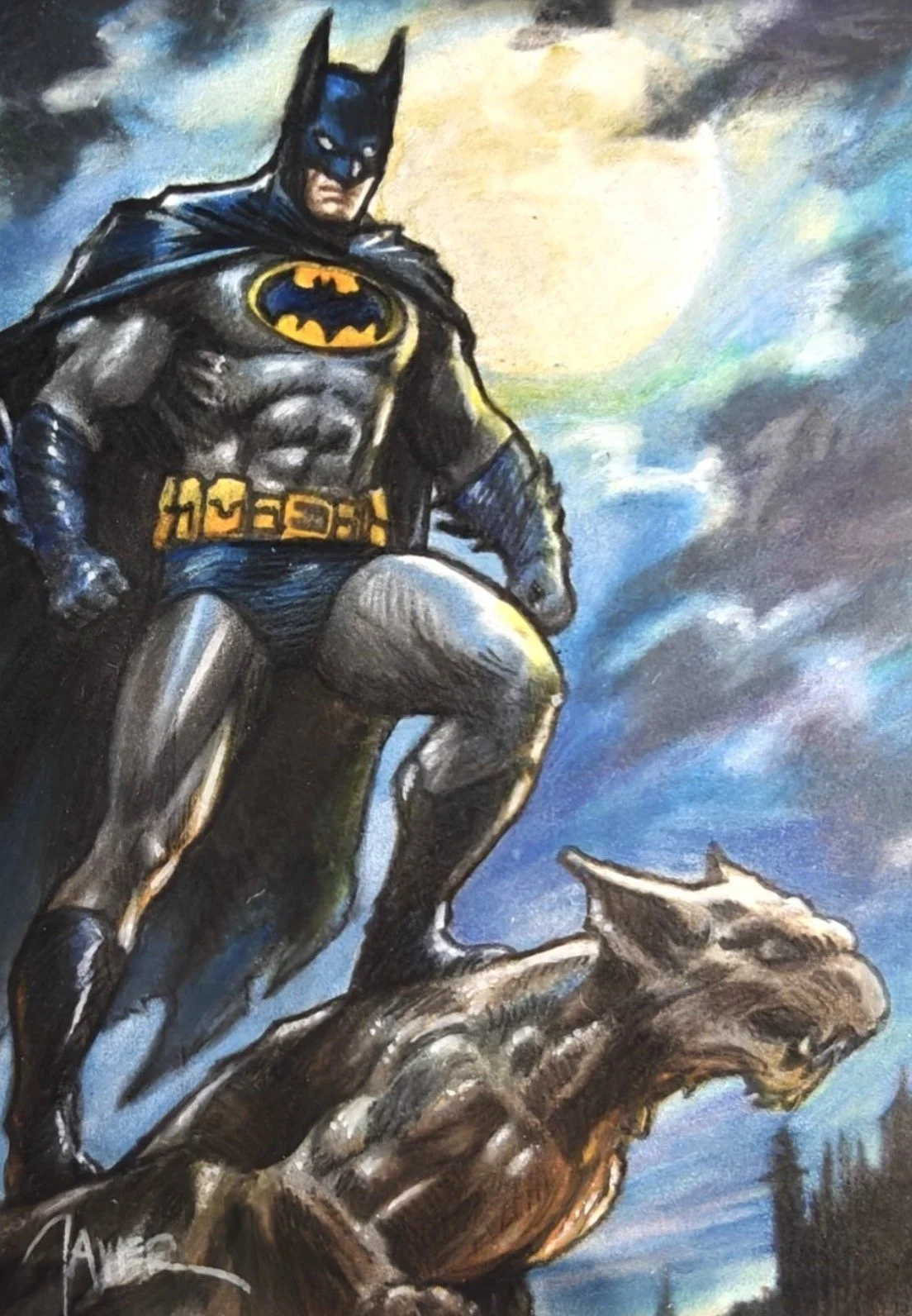 Batman sketch card by Javier. A painting of Batman standing on a rocky ledge against a background of a cloudy sky with the moon shining.