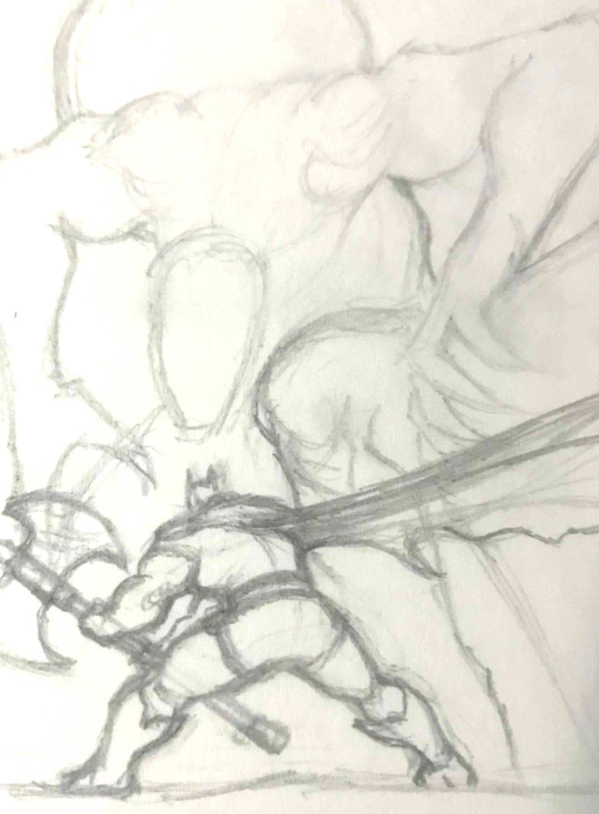Absolute Batman sketch card. Sketch of a person holding a chain or cord, with their arm extended, possibly in a dynamic pose.