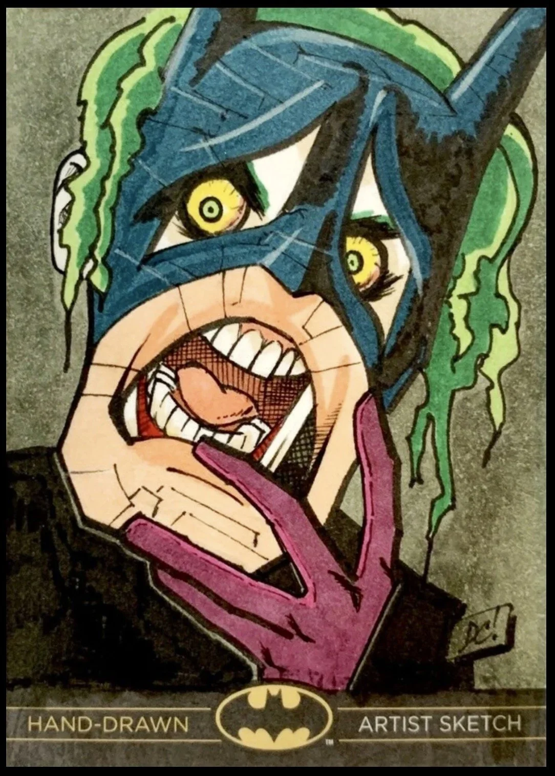 Batman legend sketch card. Hand-drawn comic style illustration of the Joker, a Batman villain, with green hair, yellow eyes, blue mask, and purple gloves, expressing anger or madness.