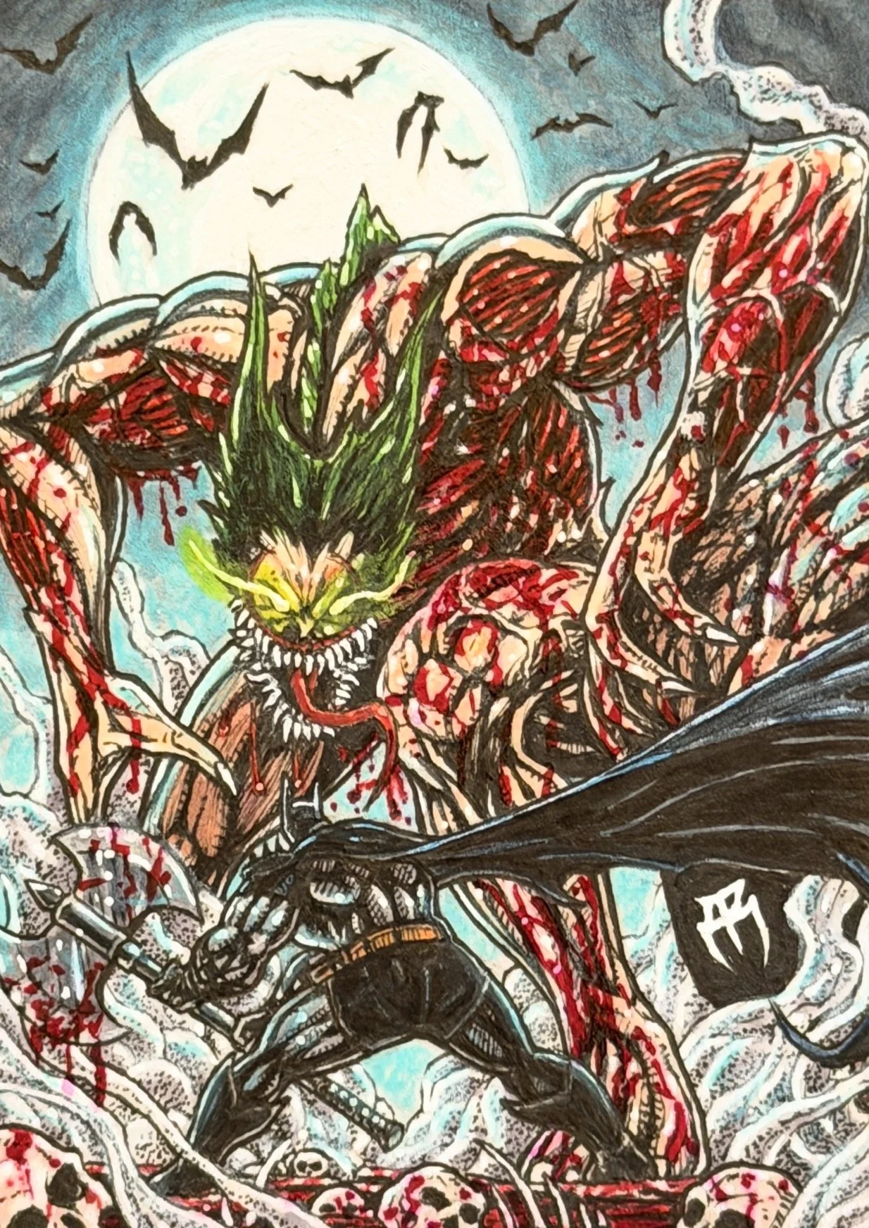 Absolute Batman sketch card. A detailed, dark fantasy-style illustration of a fierce creature with a skull-like face, green glowing eyes, and a crown of leaves, riding a motorcycle at night with a full moon and flying bats in the background.