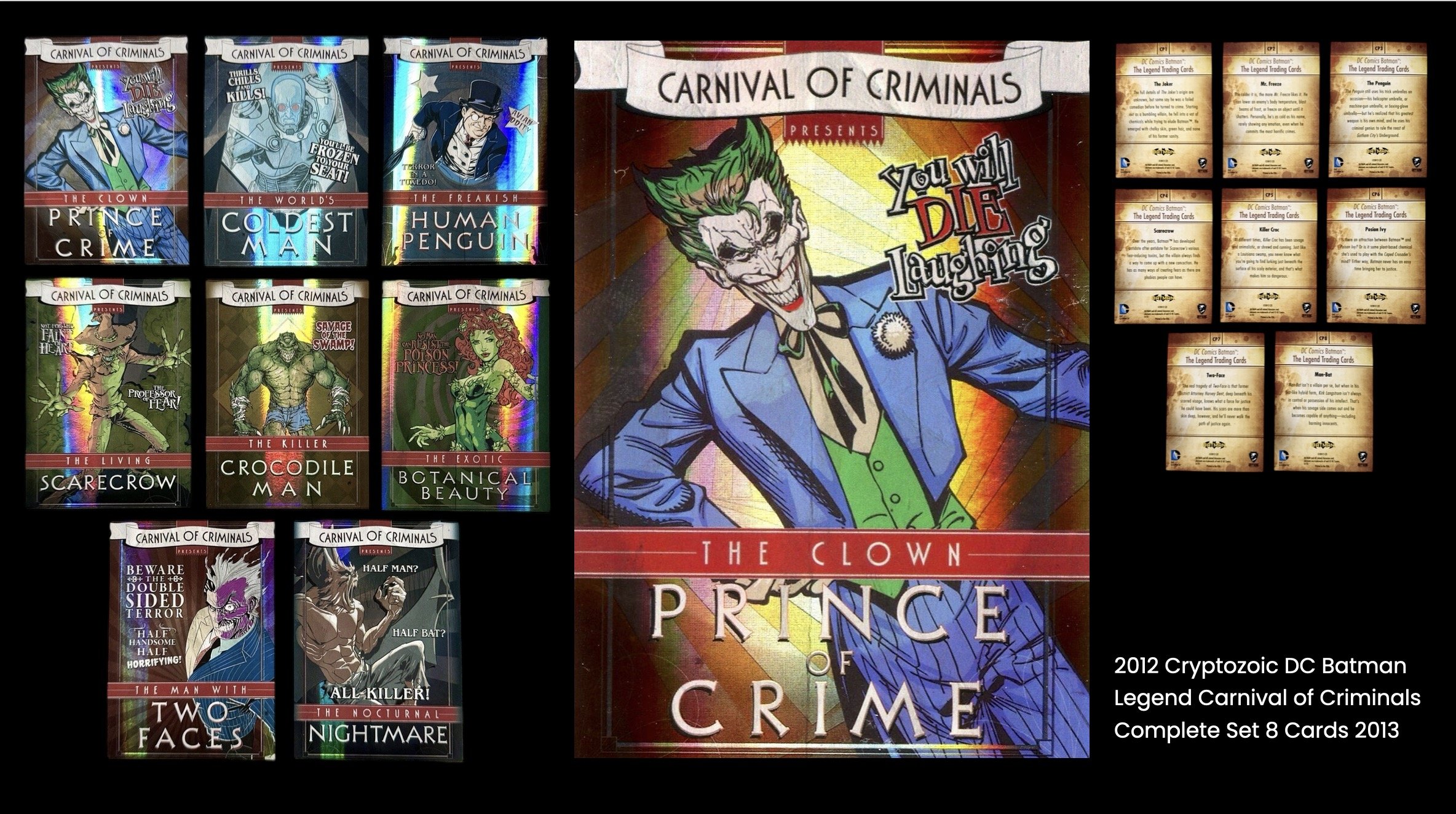 Batman legend cards. Carnival of fools. Image of comic trading cards featuring popular villains from Batman, including the Joker, Penguin, Riddler, Scarecrow, Croc, Poison Ivy, and others.