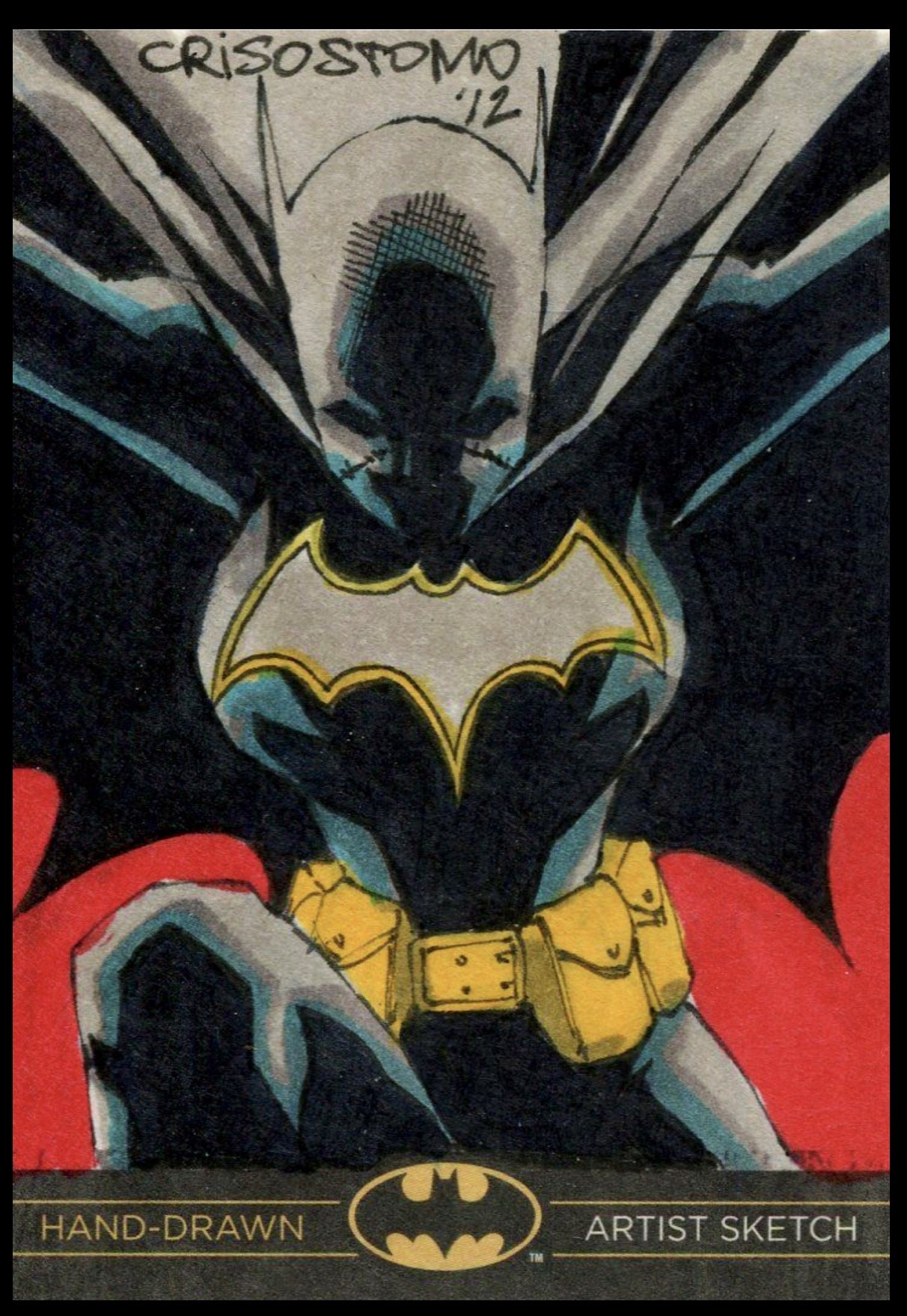 Batman legend sketch card. Hand-drawn Batman comic book style illustration featuring Batman in a classic costume with a yellow utility belt and red cape, with the 'Crisostomo '12' at the top.