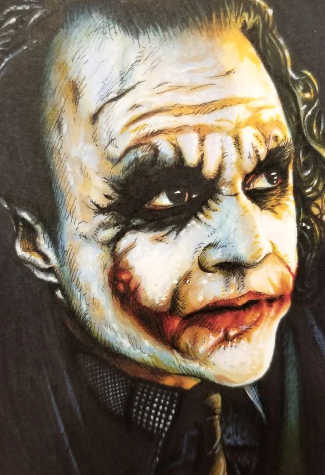 The Joker, Batman sketch card. Painting of the Joker with painted white face, dark eye makeup, red lips, and a scar on the cheek, wearing a dark jacket.