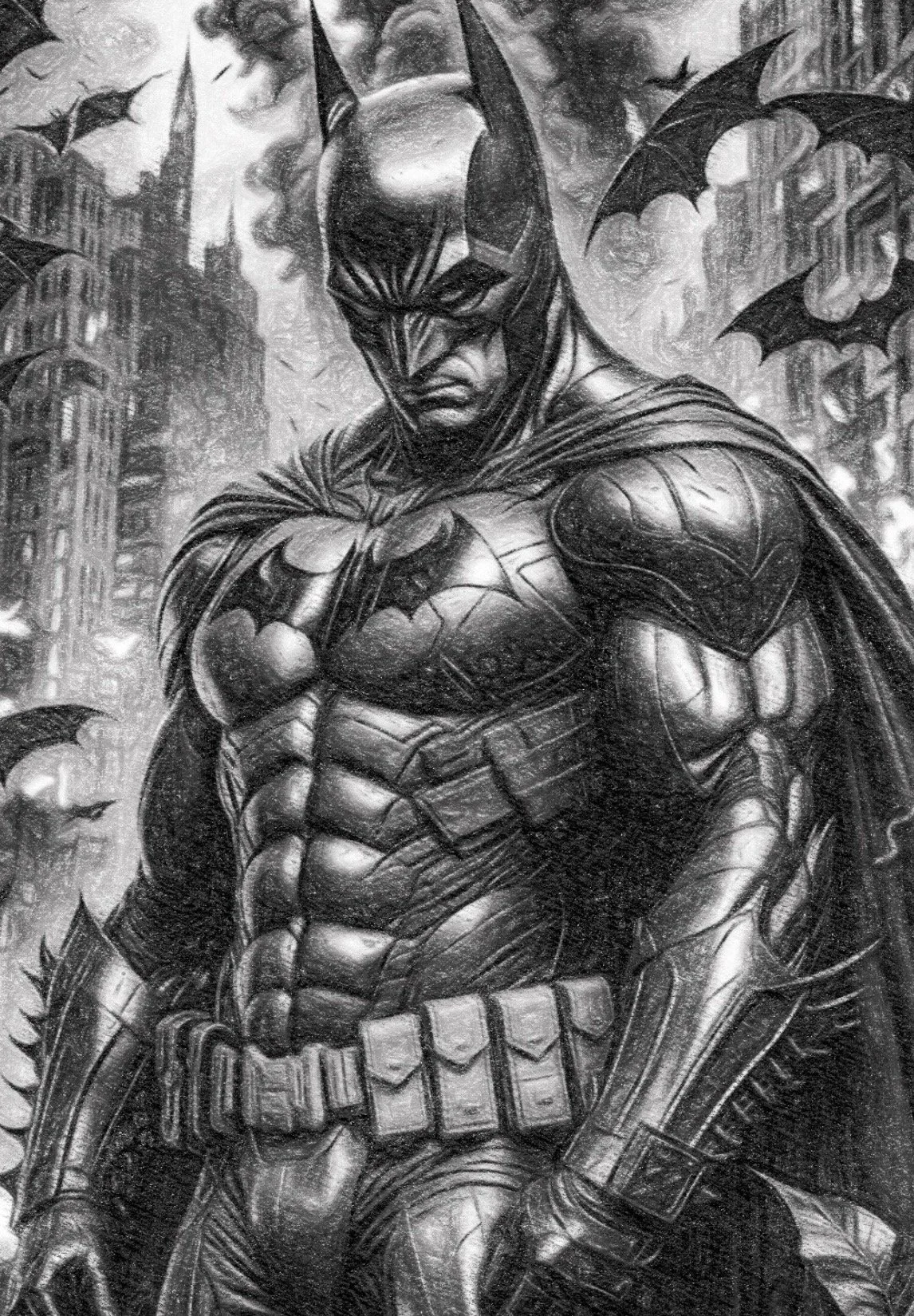Batman sketch card. Black and white illustration of Batman with a stern expression, posed in a cityscape background with flying bats.