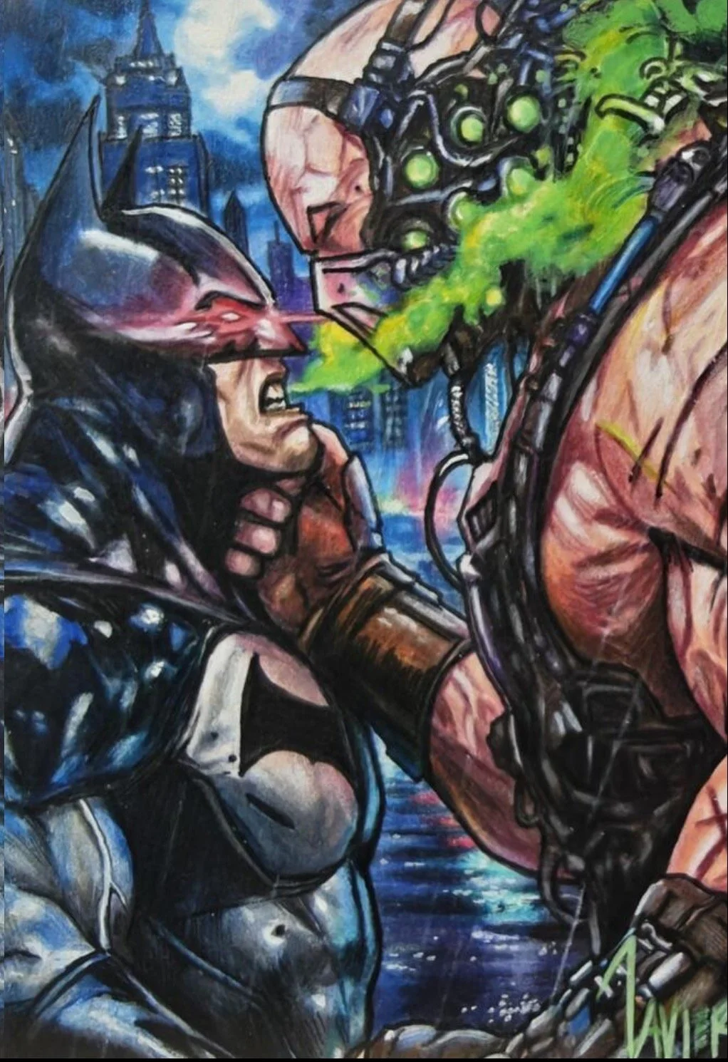 Batman and Bane in a confrontation. Batman is shown with a tense expression, wearing his iconic cowl, while Bane has a serious look with a mask that emits green smoke. The background features a city skyline with tall buildings.