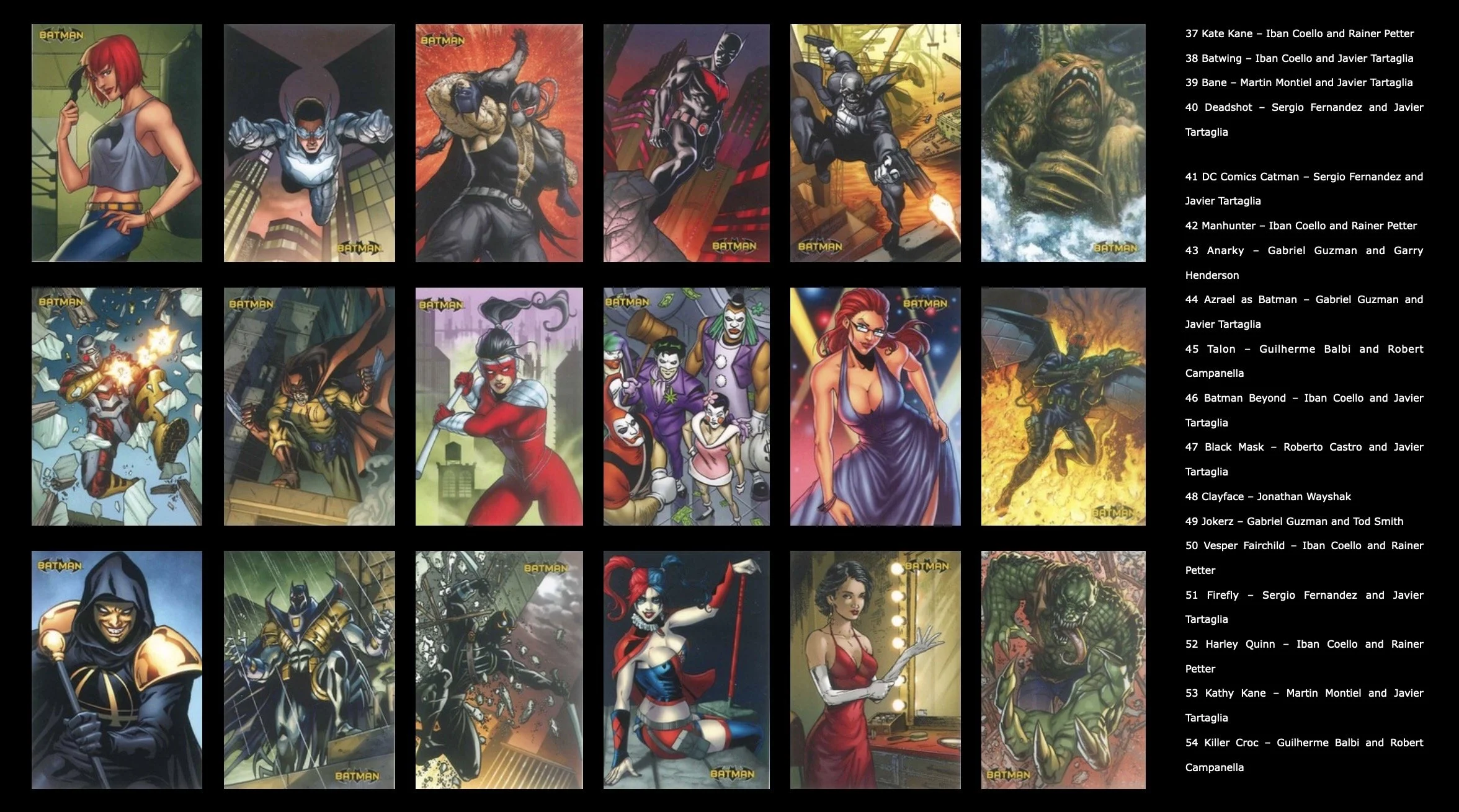 Batman legend cards. A collage of various comic book and animated characters, primarily from Batman, with a list of titles and creators on the right side.