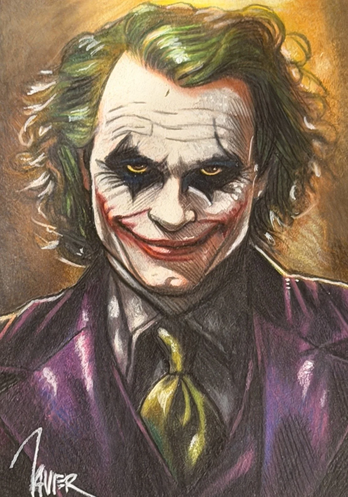 Joker, Batman sketch card. Colorful portrait of a man dressed as the Joker, with green hair, white face makeup, black eyeshadow, exaggerated red lipstick, and a purple jacket with a yellow tie.