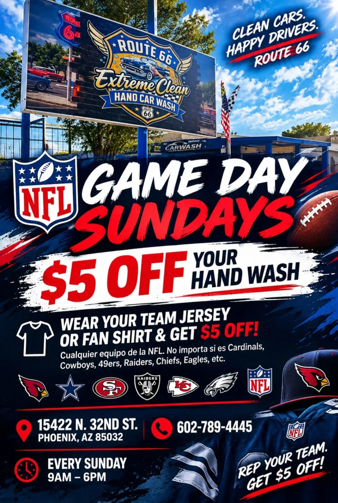 🏈 NFL GAME DAY SUNDAYS $5 OFF YOUR HAND WASH WEAR YOUR TEAM JERSEY OR FAN SHIRT &amp; GET $5 OFF!
