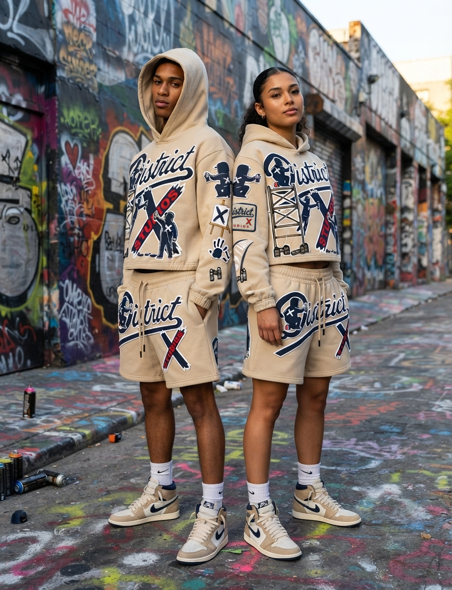 District X Studios Box Hoodie Set - (Beige/ Navy Blue)