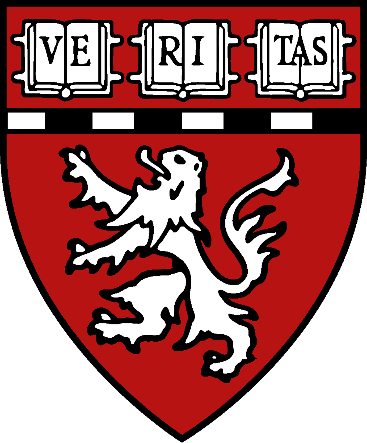 Harvard University shield with a white lion on a red background and open books with the words 'VERE,' 'RITAS,' and 'LUX' at the top.