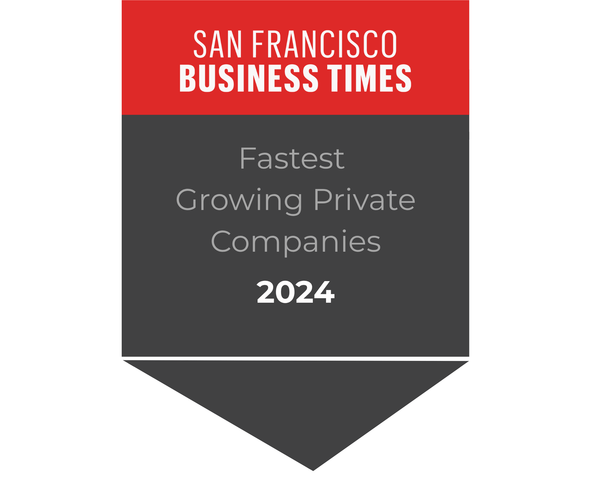 A vertical badge showcasing award given to MCS Construction by 'SAN FRANCISCO BUSINESS TIMES' for being the 'Fastest Growing Private Companies 2024'