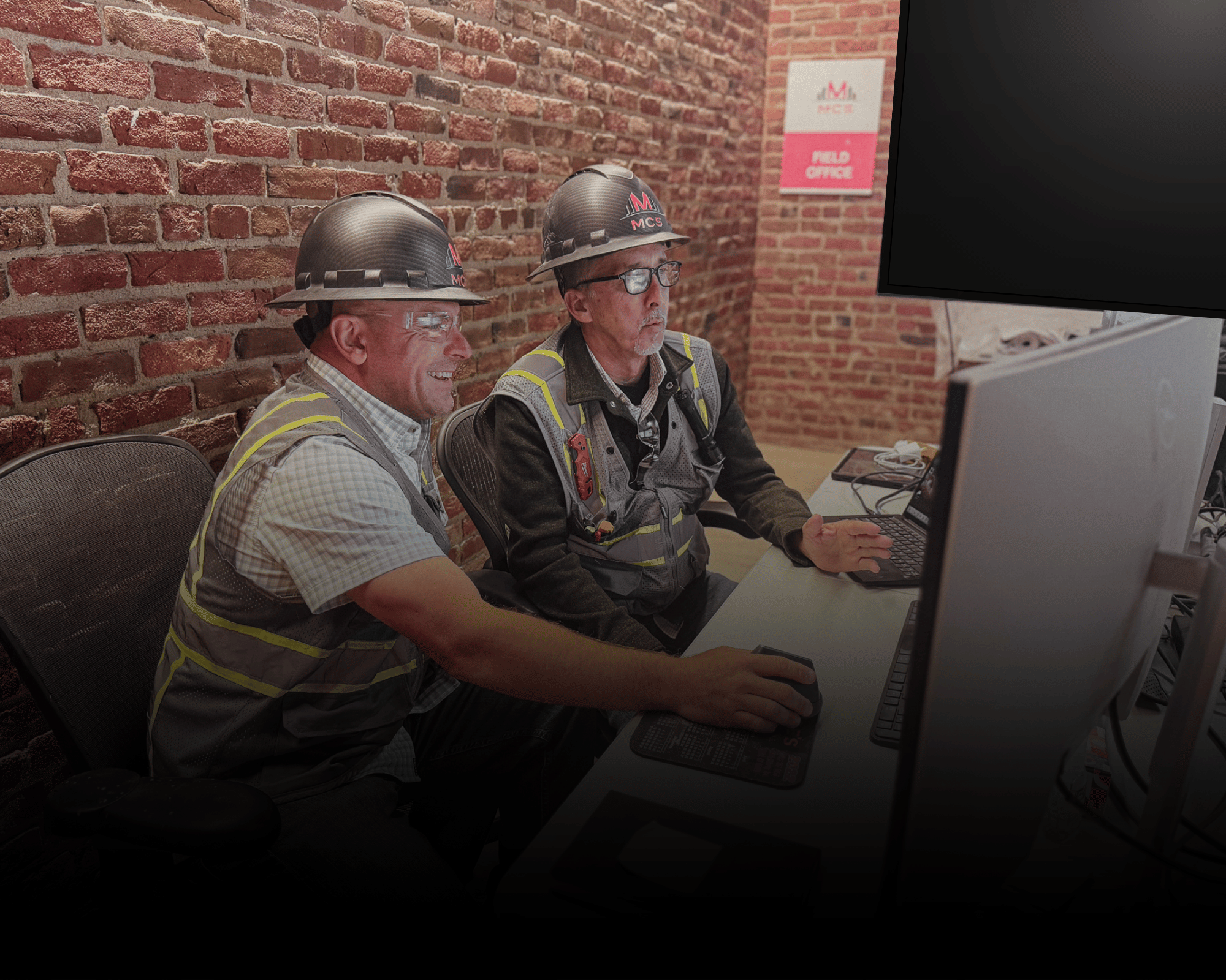 Two MCS Construction workers wearing helmets and safety vests working at computers on a job site with brick walls and a sign that reads 'MCS Field Office' in the background.