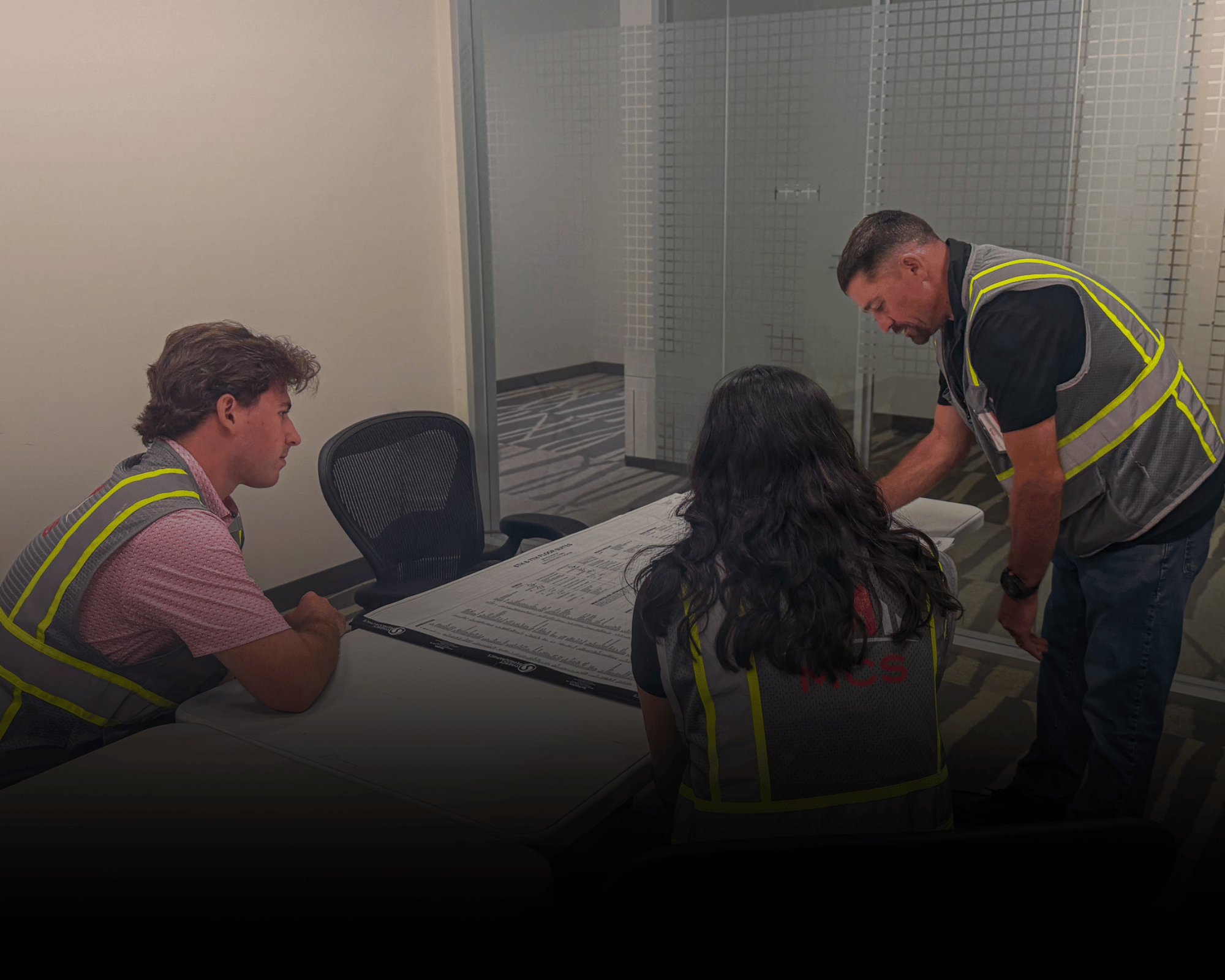 A MCS employee walking MCS Interns through how to read construction plans in San Francisco
