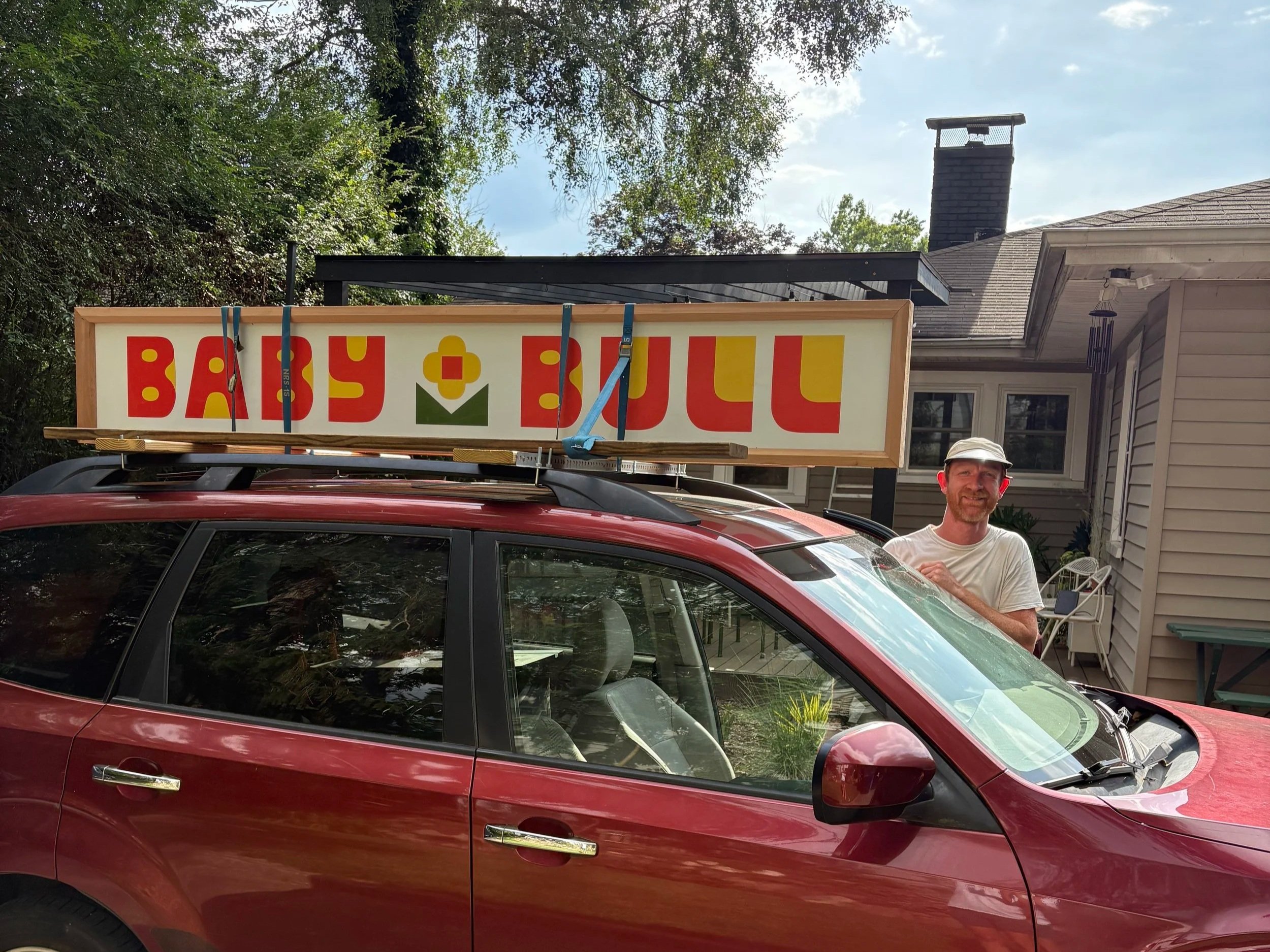 Baby Bull's second sign on its way to install.
Sign design by Wyatt Grant. Frame design and construction by me with assistance from Wyatt.