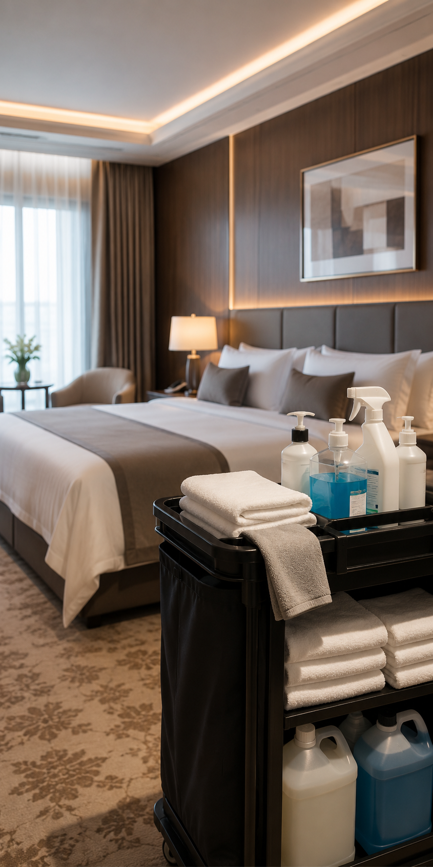Imagen de una habitación de hotel elegante con cama grande, lámpara de mesa, cuadro en la pared y una bandeja con toallas y productos de limpieza al frente.