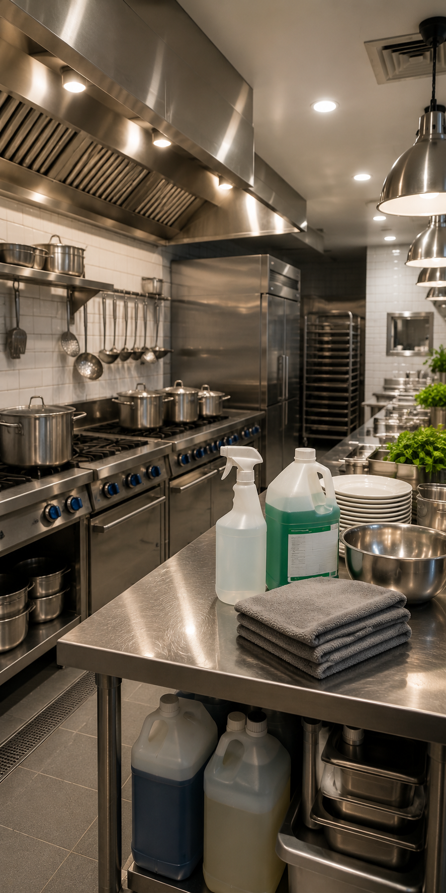 Cocina profesional de restaurante con estufas, sartenes, utensilios, mesa de trabajo con productos de limpieza, platos y cubiertos, y plantas de hierbas frescas.