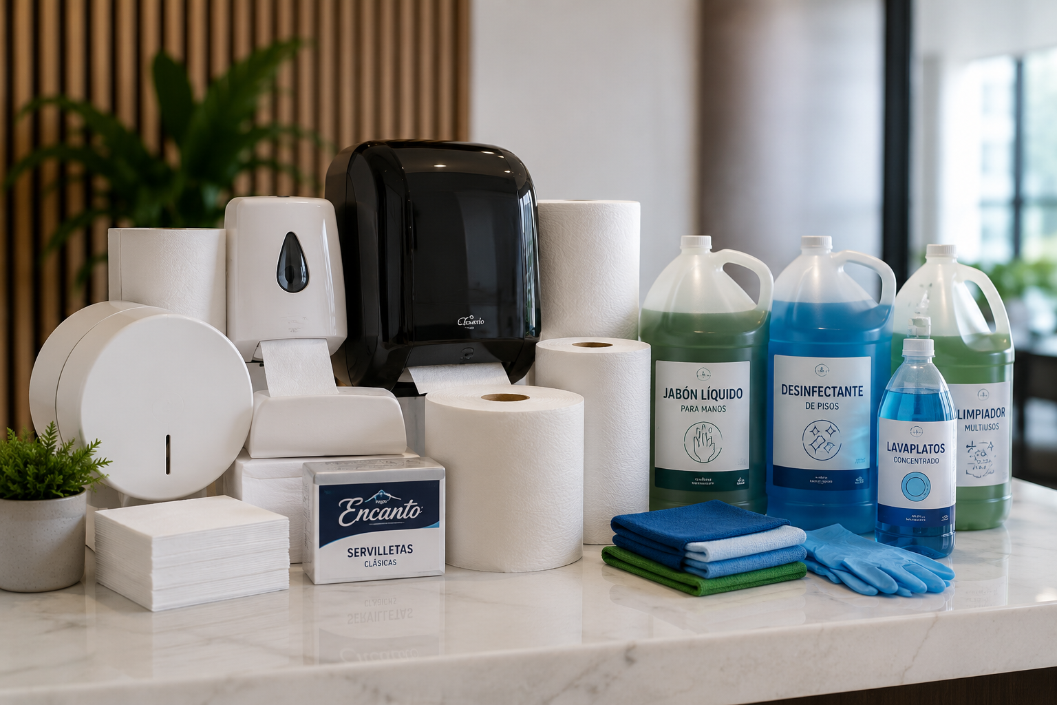 Kit de higiene y limpieza en una mesa de mármol, que incluye papel toalla, jabón líquido, desinfectante, lavaplatos, guantes, servilletas, y plantas decorativas en macetas
