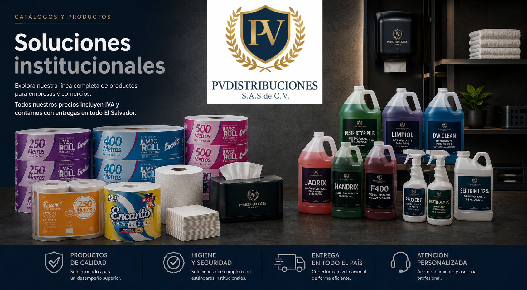 Publicidad de productos de limpieza e higiene institucional, con la marca PV Distribuciones, incluyendo papel higiénico, detergentes, desinfectantes, y productos para manos, en un entorno de oficina o lavandería, con logotipo de la empresa y texto en español.
