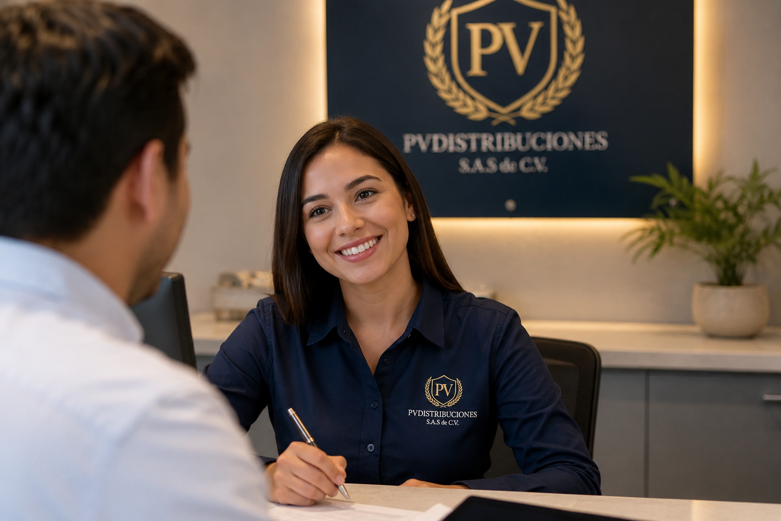 Mujer sonriendo en una oficina, llevando una camisa de color azul con el logo de PV Distribuciones, hablando con un cliente en un escritorio.