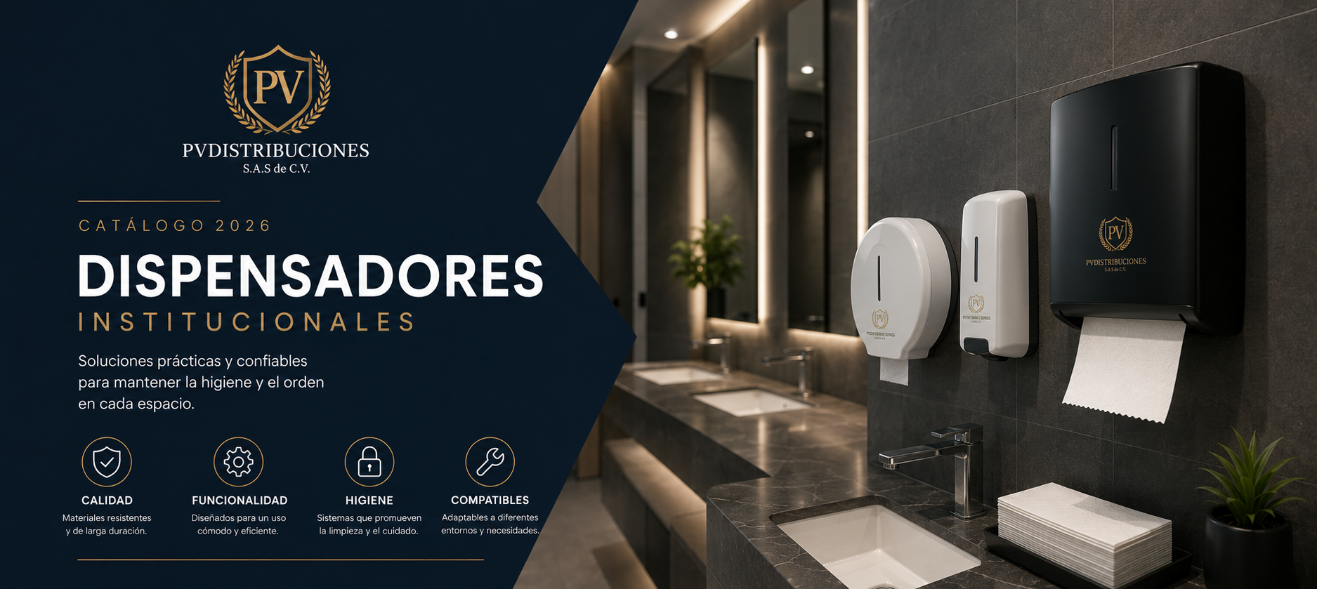 Letrero publicitario de dispensadores institucionales de papel y jabón en un baño moderno, con fregaderos y espejos.