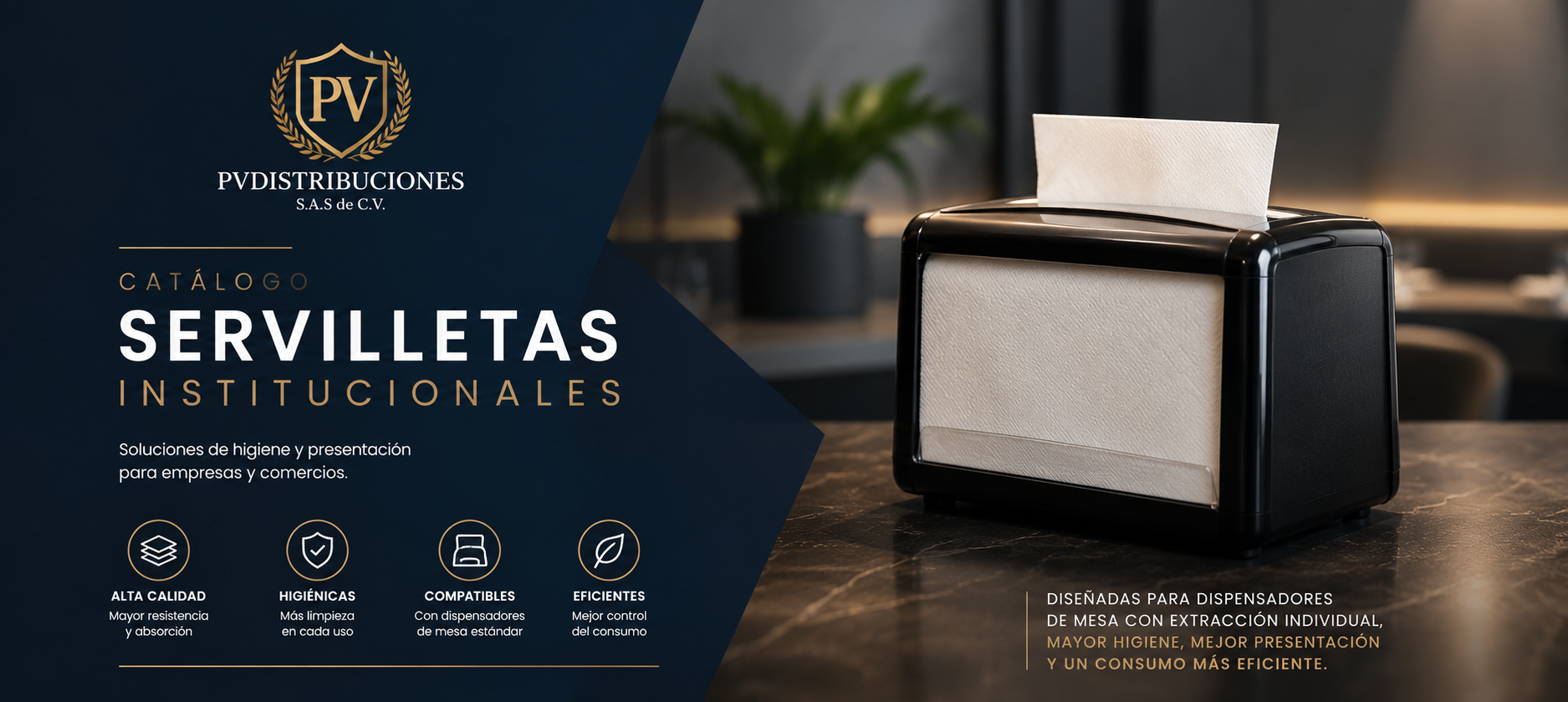 Portada de catálogo de servilletas institucionales con dispensador de servilletas y texto promocional.