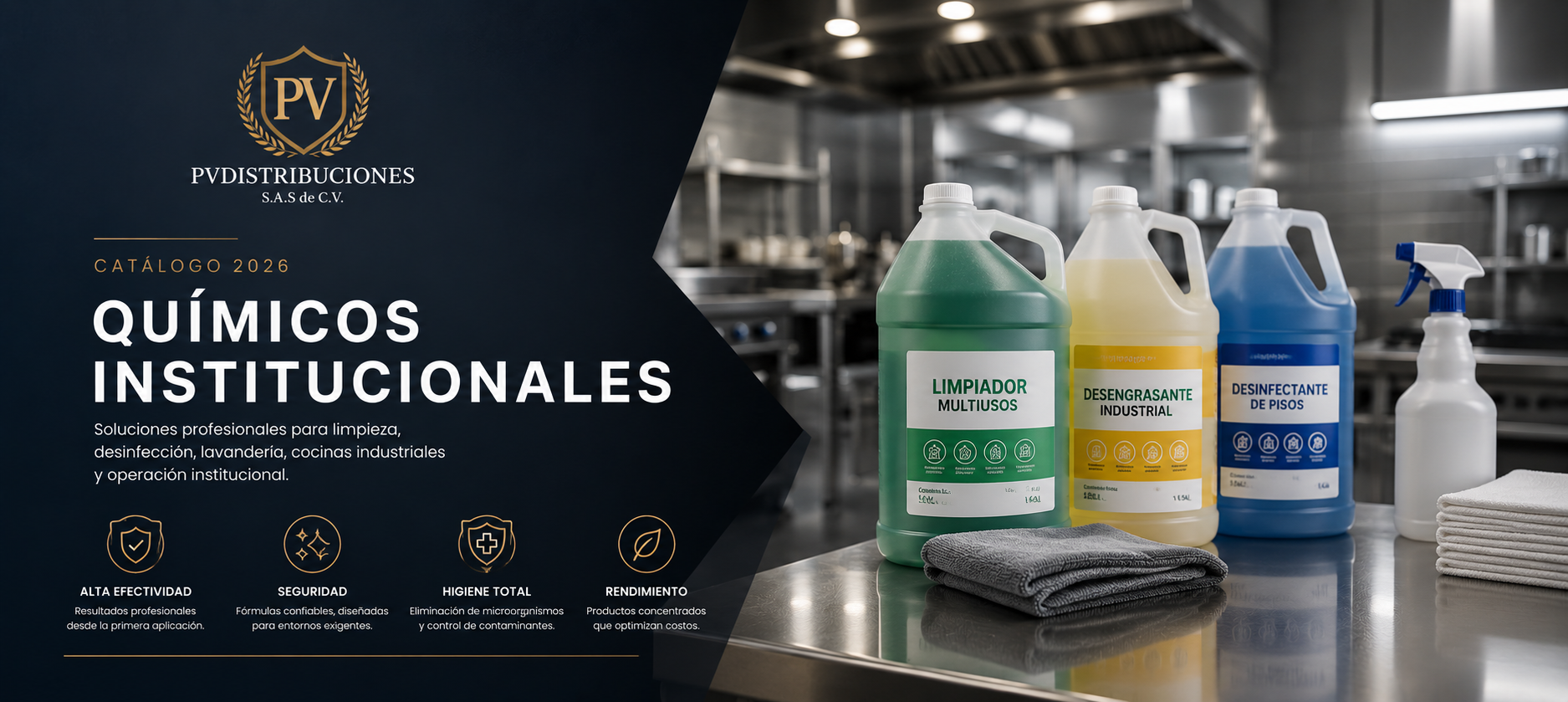 Catálogo de productos químicos institucionales de la empresa PV Distribuciones para 2026, con botellas de productos de limpieza y desinfectantes en un ambiente de cocina industrial.