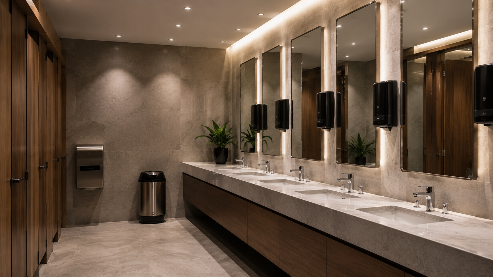 Baño público con espejo, lavabos, dispensadores de jabón, plantas decorativas, unidades de papel y puertas de madera